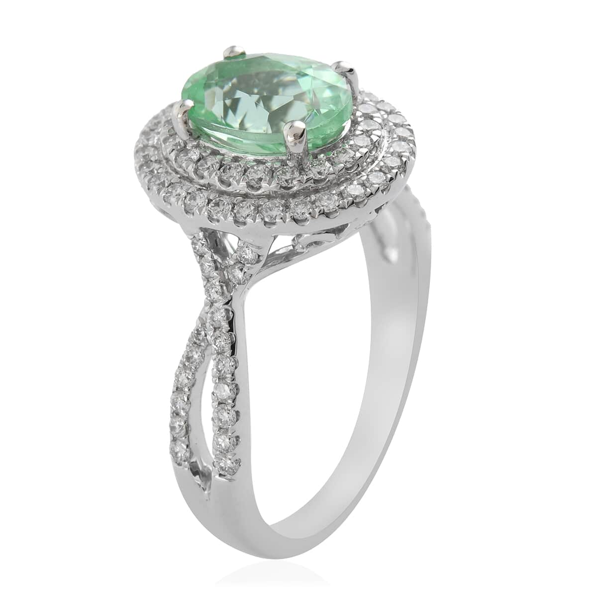 RHAPSODY 950 Platinum AAAA Paraiba Tourmaline and Diamond E-F VS Double Halo Ring (Size 7.0) 6 Grams 2.00 ctw image number 2