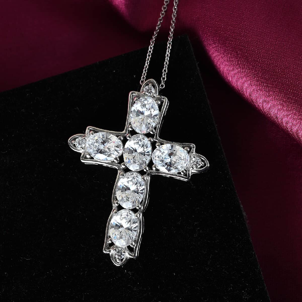 Lustro Stella Made with Finest CZ Cross Pendant Necklace 20 Inches in Platinum Over Sterling Silver 11.00 ctw image number 1