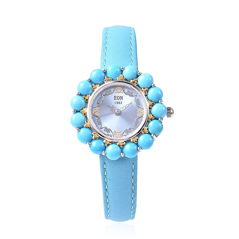 Eon 1962 Sleeping Beauty Turquoise Swiss Movement Water Resistant Sterling Silver Watch in Blue Leather Band and Stainless Steel Back 7.20 ctw