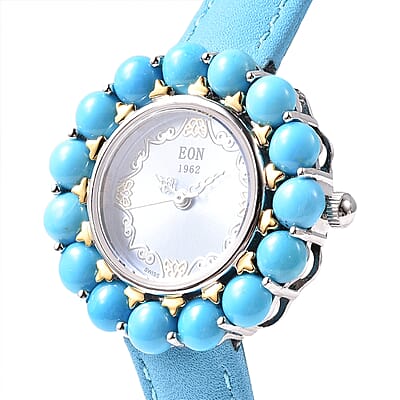 Eon 1962 Sleeping Beauty Turquoise Swiss Movement Water Resistant Sterling Silver Watch in Blue Leather Band and Stainless Steel Back 7.20 ctw