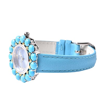 Eon 1962 Sleeping Beauty Turquoise Swiss Movement Water Resistant Sterling Silver Watch in Blue Leather Band and Stainless Steel Back 7.20 ctw