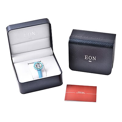 Eon 1962 Sleeping Beauty Turquoise Swiss Movement Water Resistant Sterling Silver Watch in Blue Leather Band and Stainless Steel Back 7.20 ctw