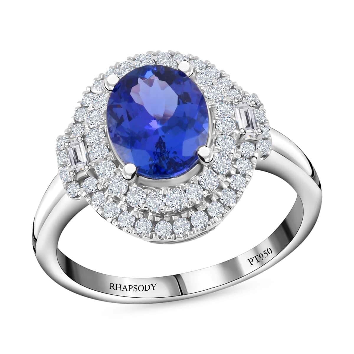 RHAPSODY 950 Platinum AAAA Tanzanite and Diamond E-F VS Double Halo Ring 8 Grams 3.70 ctw image number 0