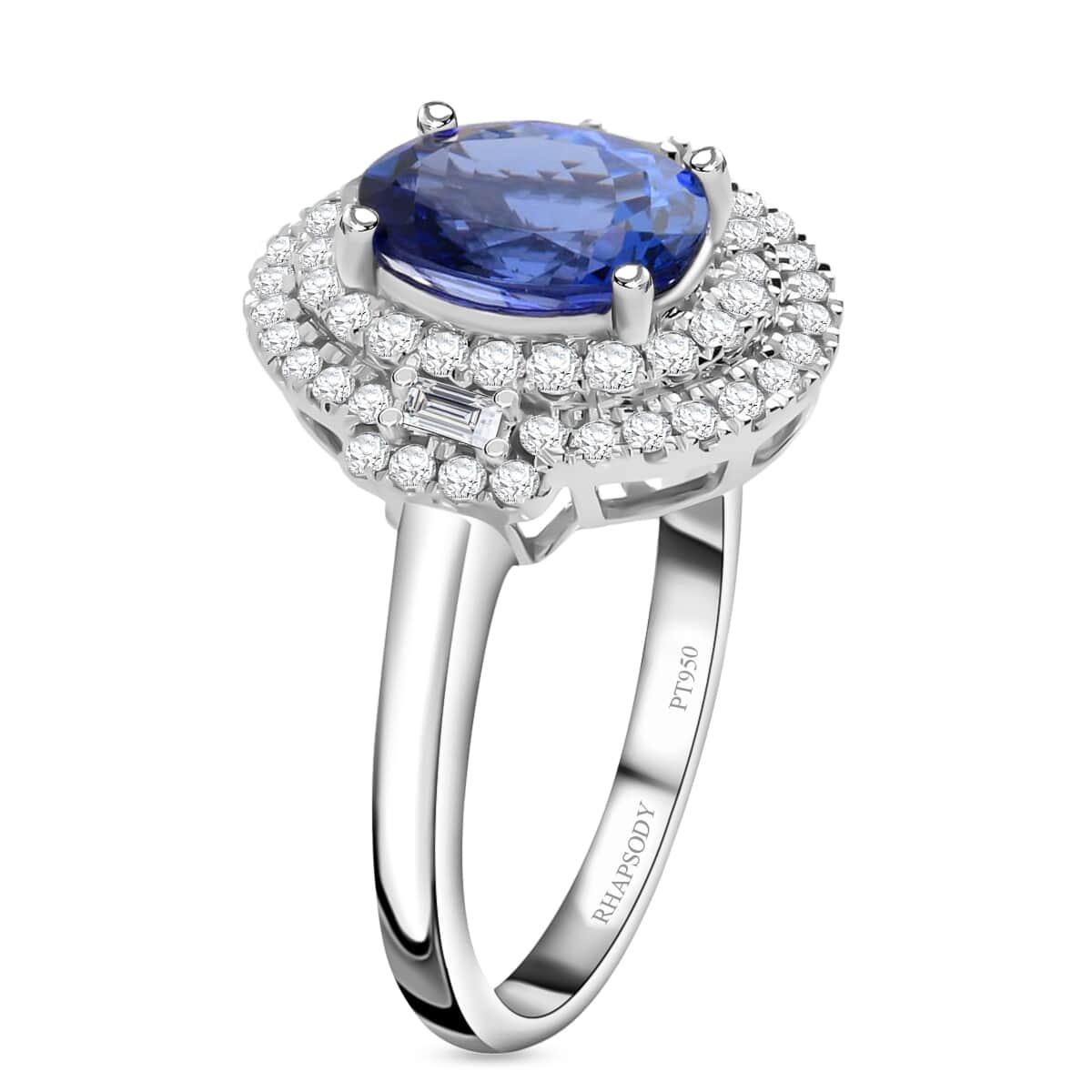 RHAPSODY 950 Platinum AAAA Tanzanite and Diamond E-F VS Double Halo Ring 8 Grams 3.70 ctw image number 2