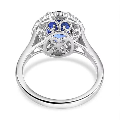 Rhapsody 950 Platinum AAAA Tanzanite and E-F VS Diamond Double Halo Ring (Size 6.0) 6.40 Grams 3.25 ctw