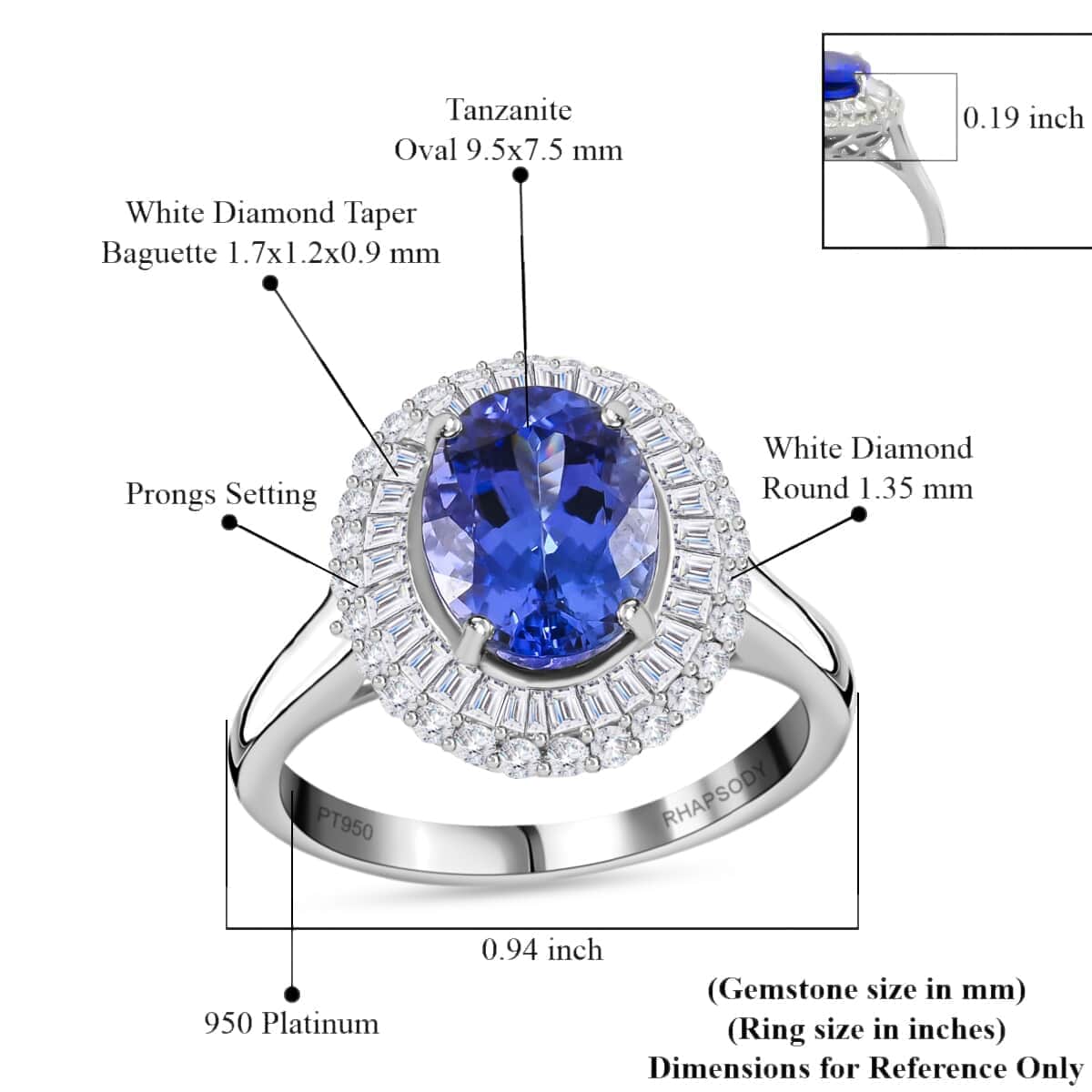 Rhapsody AAAA Tanzanite and E-F VS Diamond 3.25 ctw Double Halo Ring in 950 Platinum (Size 7.0) 6.40 Grams image number 4