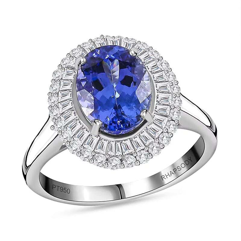 Rhapsody 950 Platinum AAAA Tanzanite and E-F VS Diamond Double Halo Ring (Size 8.0) 6.40 Grams 3.25 ctw