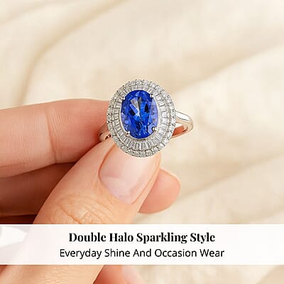 Rhapsody 950 Platinum AAAA Tanzanite and E-F VS Diamond Double Halo Ring (Size 8.0) 6.40 Grams 3.25 ctw