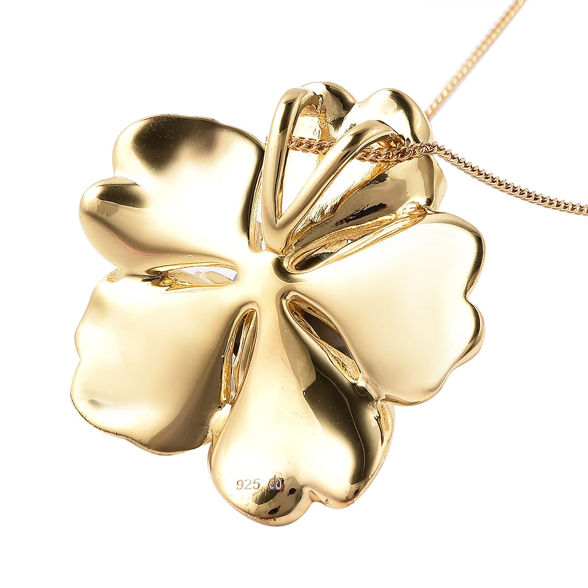 Galatea Pearl Collection Tahitian Pearl Carved and White Zircon Sakura Pendant Necklace 18 Inches in Vermeil YG Over Sterling Silver 9.80 Grams