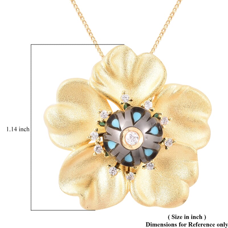 Galatea Pearl Collection Tahitian Pearl Carved and White Zircon Sakura Pendant Necklace 18 Inches in Vermeil YG Over Sterling Silver 9.80 Grams