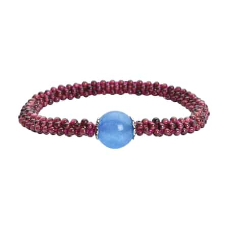 Blue Chalcedony Enhanced and Mozambique Garnet 3 Row Beaded Stretchable Bracelet 66.50 ctw image number 0