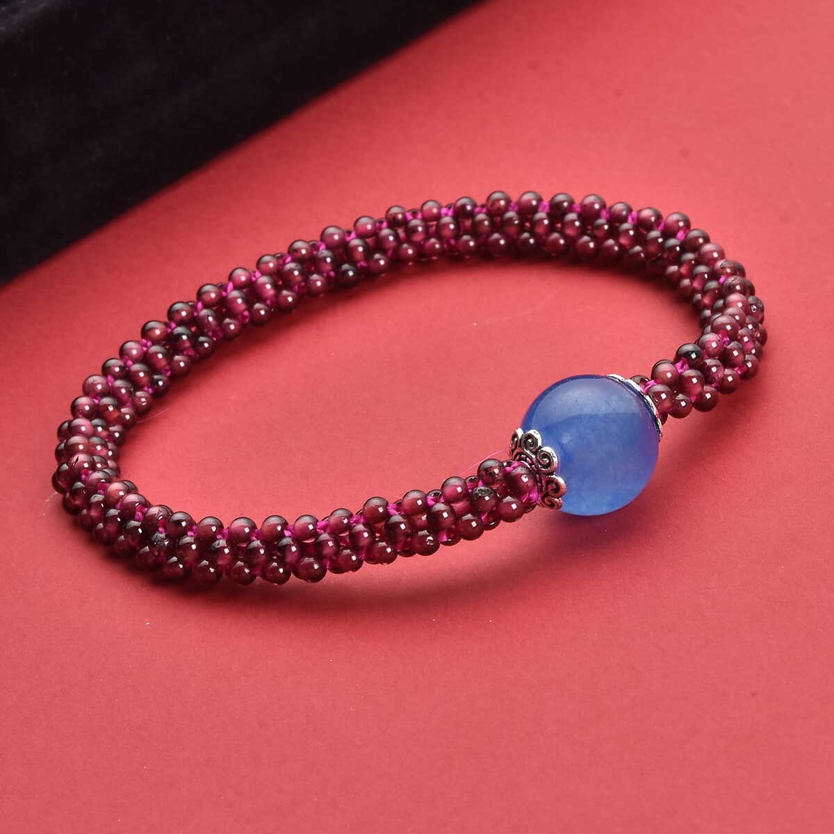 Blue Chalcedony Enhanced and Mozambique Garnet 3 Row Beaded Stretchable Bracelet 66.50 ctw image number 1