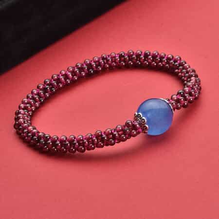 Blue Chalcedony Enhanced and Mozambique Garnet 3 Row Beaded Stretchable Bracelet 66.50 ctw image number 1