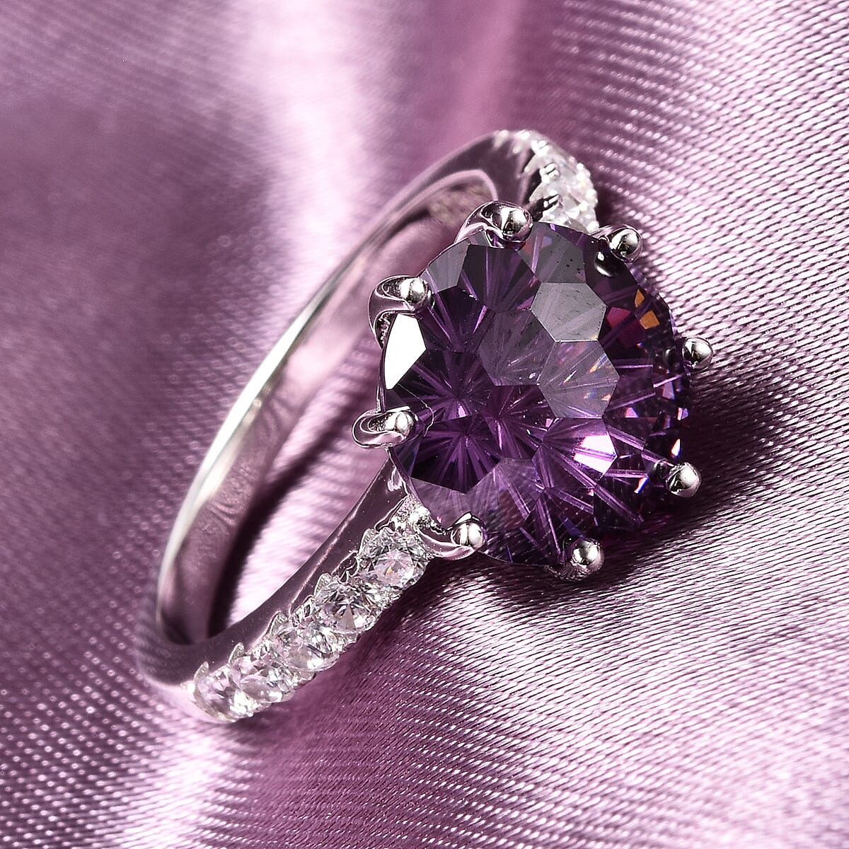 Lustro Stella AAA Concave Cut Purple and White Premium Cubic Zirconia Ring in Sterling Silver (Size 7.0) 6.75 ctw image number 1
