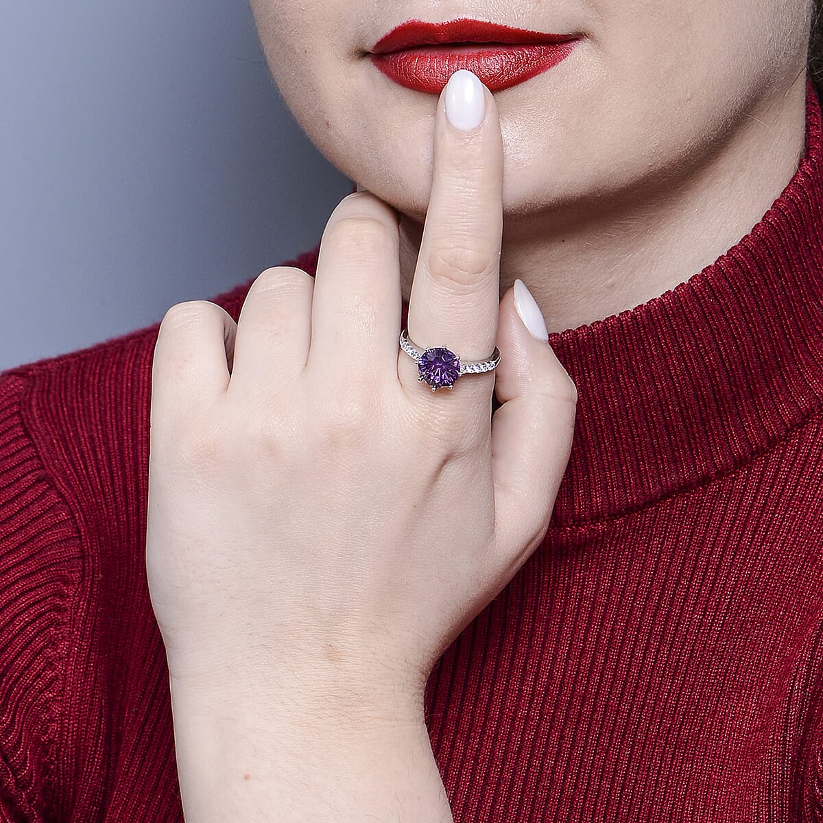 Lustro Stella AAA Concave Cut Purple and White Premium Cubic Zirconia Ring in Sterling Silver (Size 7.0) 6.75 ctw image number 2