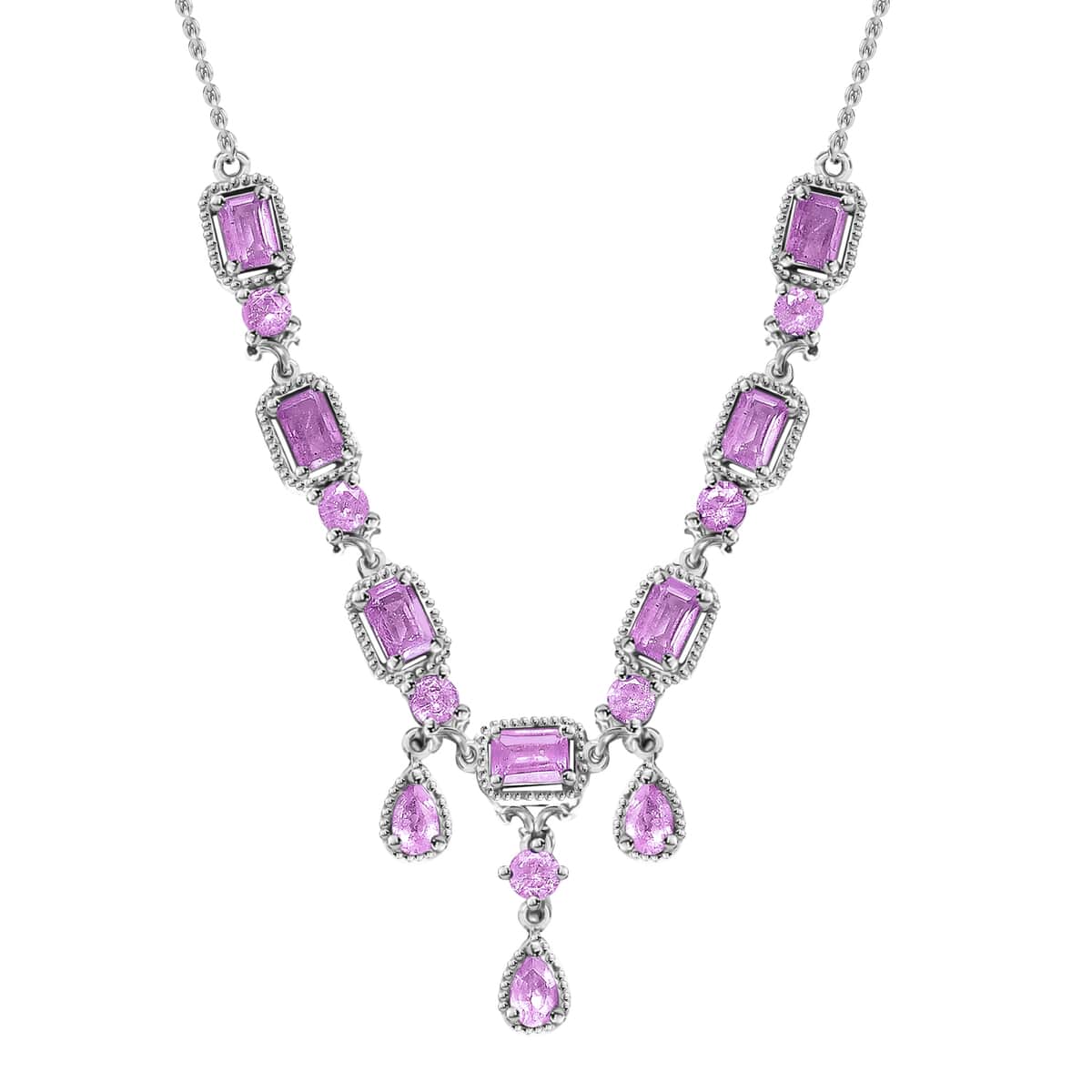 Ilakaka Hot Pink Sapphire (FF) Princess Necklace (18-20 Inches) in Platinum Over Sterling Silver, Silver Necklace For Women, Art Deco Necklace 10.40 ctw image number 0