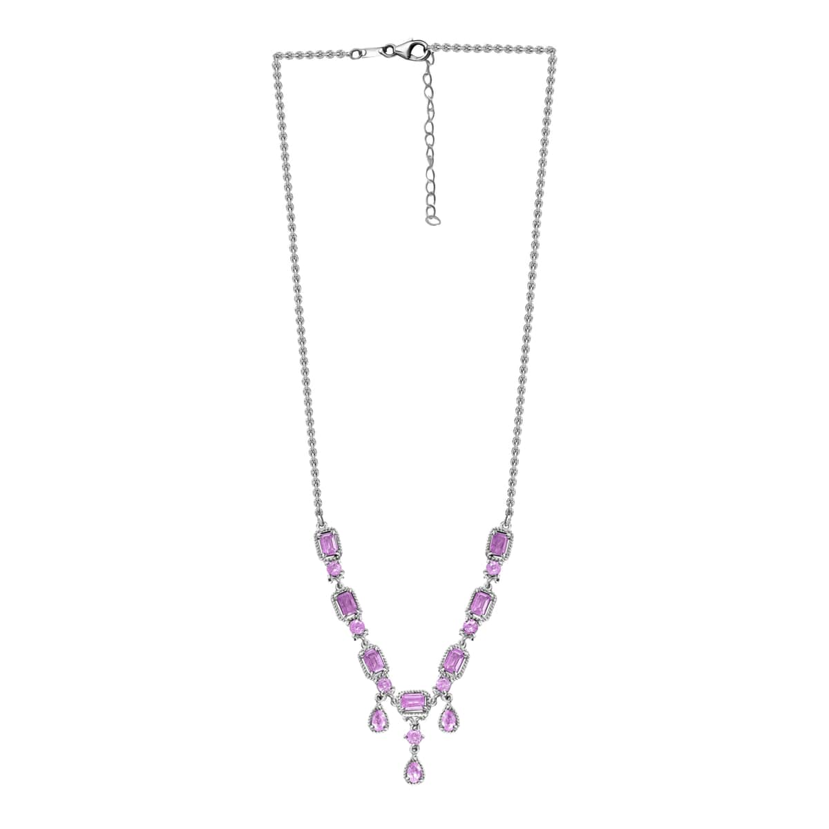 Ilakaka Hot Pink Sapphire (FF) Princess Necklace (18-20 Inches) in Platinum Over Sterling Silver, Silver Necklace For Women, Art Deco Necklace 10.40 ctw image number 6