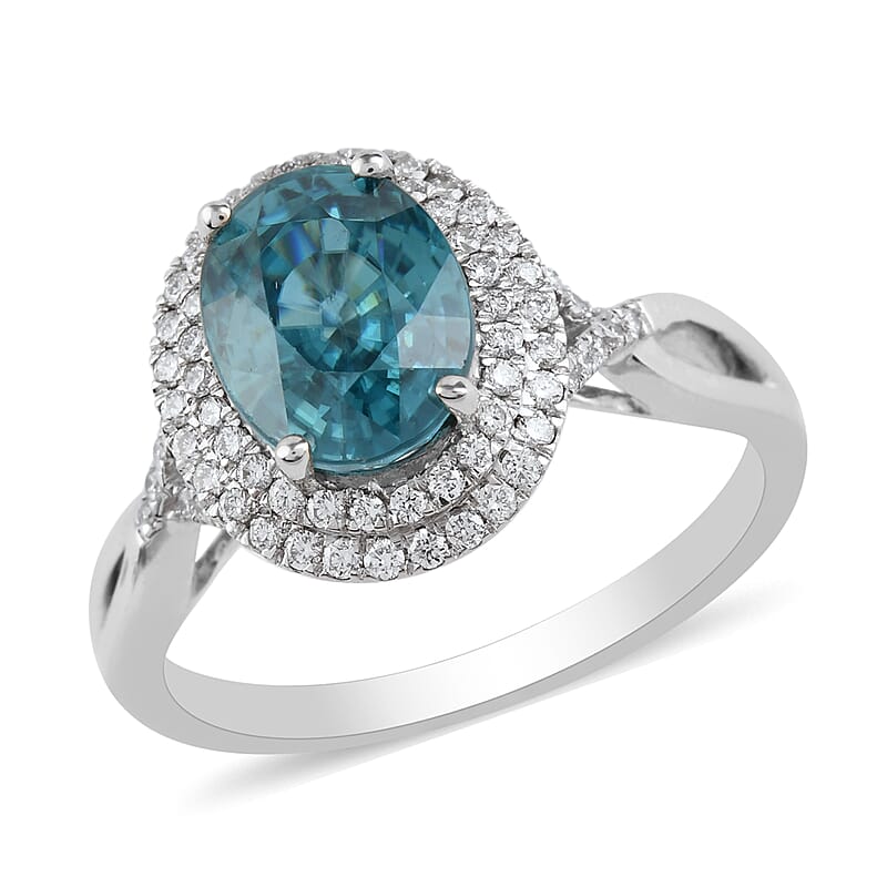 Iliana 18K White Gold AAA Blue Zircon and G-H SI Diamond Double Halo Ring (Size 10.0) 4.45 Grams 3.85 ctw