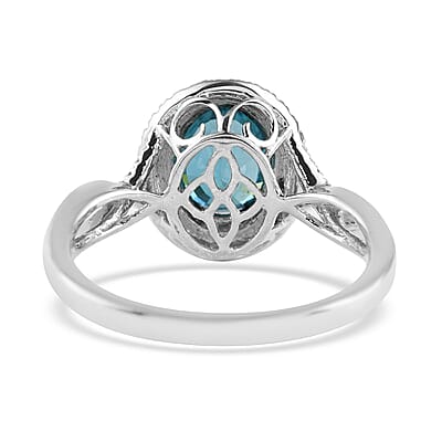 Iliana 18K White Gold AAA Blue Zircon and G-H SI Diamond Double Halo Ring (Size 10.0) 4.45 Grams 3.85 ctw