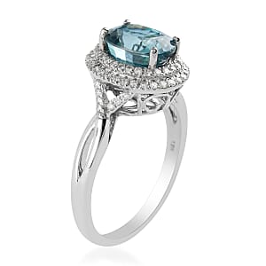 Iliana 18K White Gold AAA Blue Zircon and Diamond G-H SI Double Halo Ring (Size 6.0) 4.45 Grams 3.85 ctw