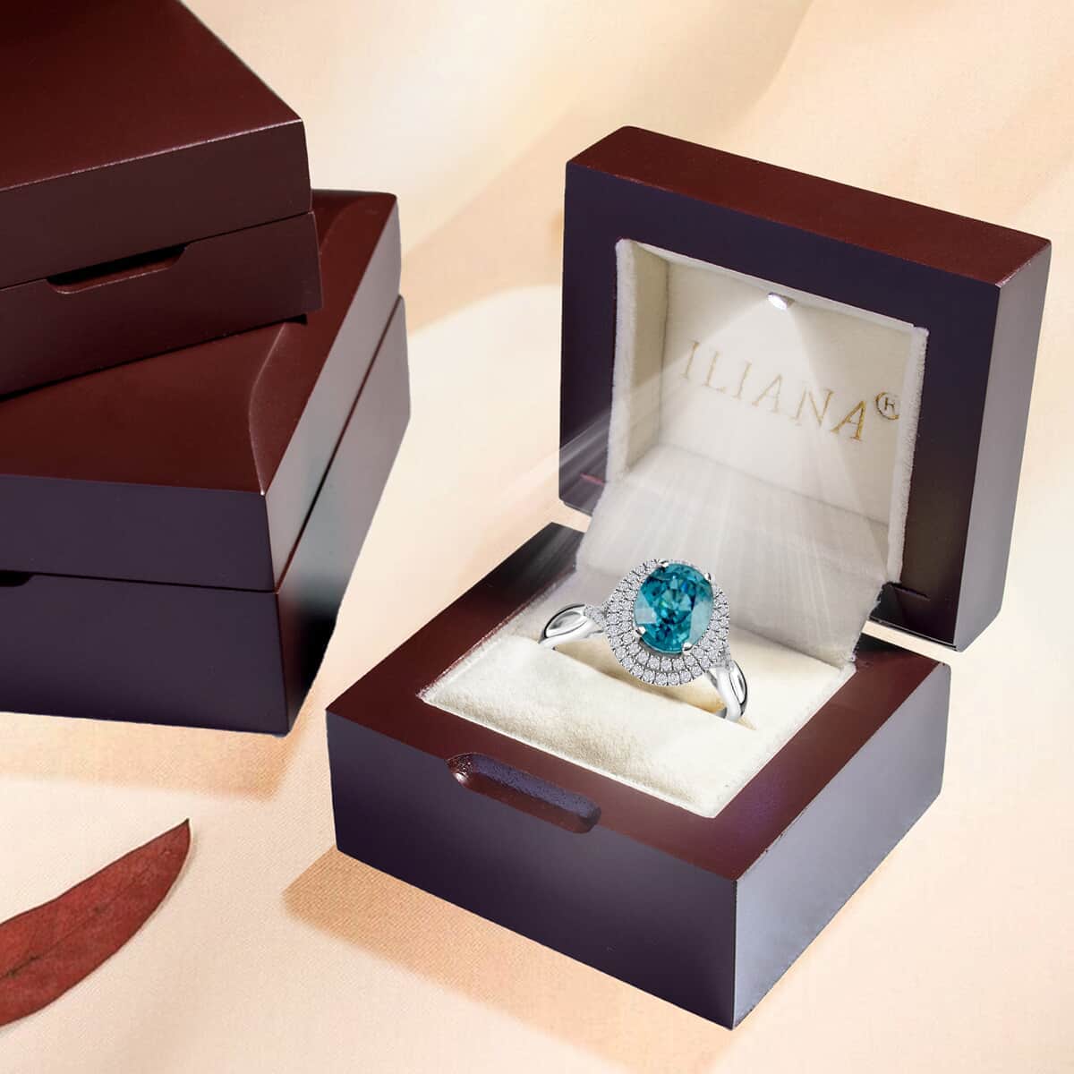 Iliana 18K White Gold AAA Blue Zircon and G-H SI Diamond Double Halo Ring (Size 7.0) 4.45 Grams 3.85 ctw image number 6