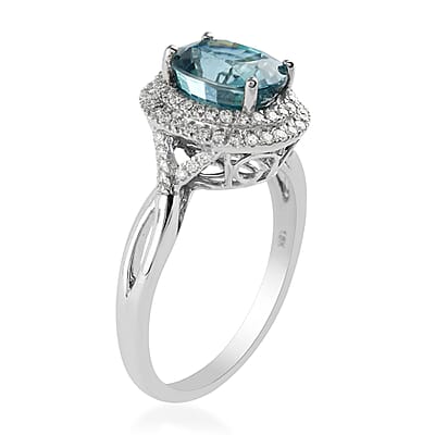 Iliana 18K White Gold AAA Blue Zircon and G-H SI Diamond Double Halo Ring (Size 8.0) 4.45 Grams 3.85 ctw