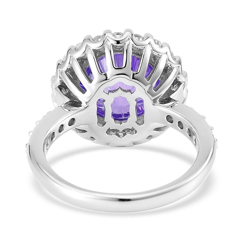 Lustro Stella HoneyComb Cut Finest Blue Spinel Color & White CZ Halo Ring in Sterling Silver (Size 10.0) 15.20 ctw