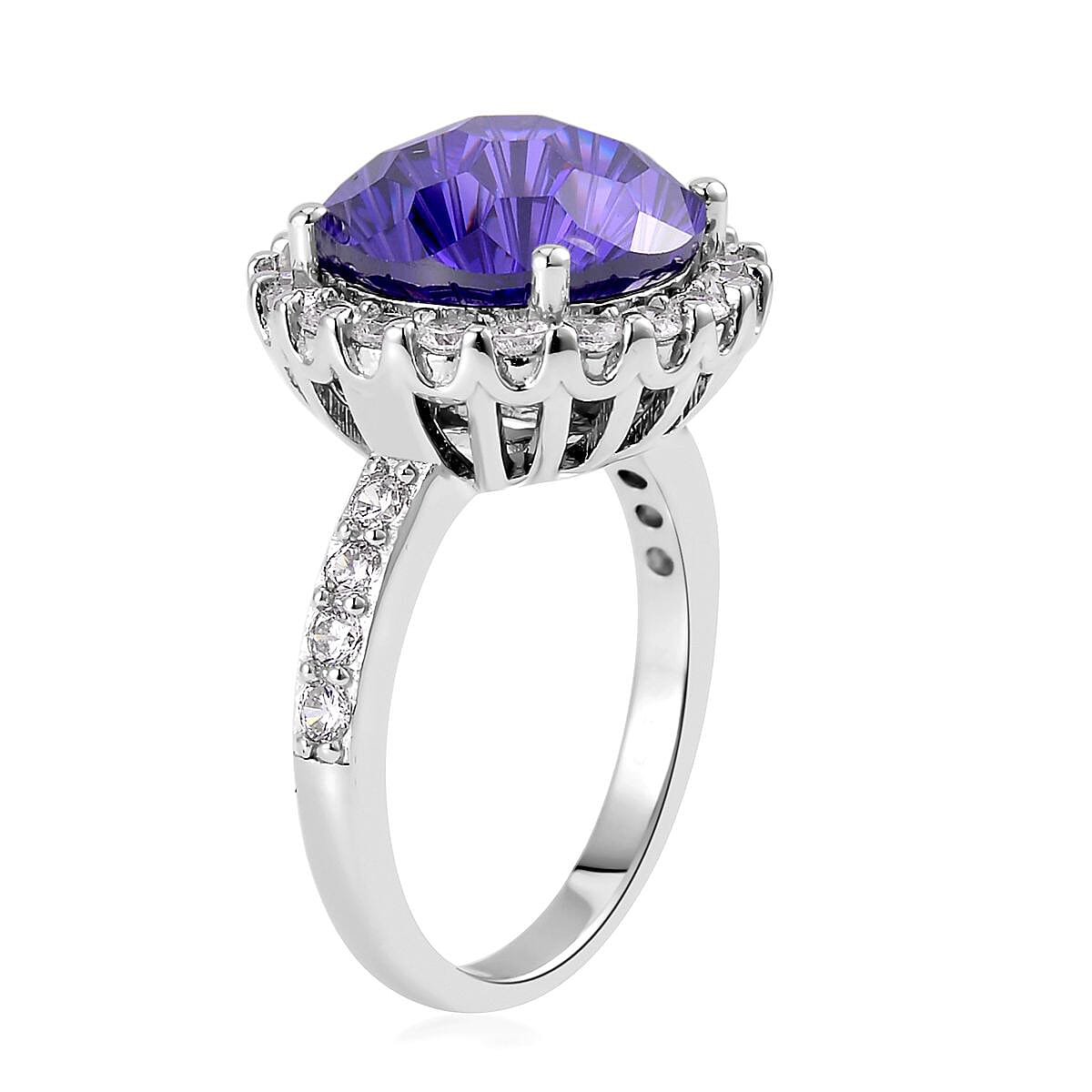Lustro Stella HoneyComb Cut Finest Blue Spinel Color & White CZ Halo Ring in Sterling Silver (Size 7.0) 15.20 ctw image number 3