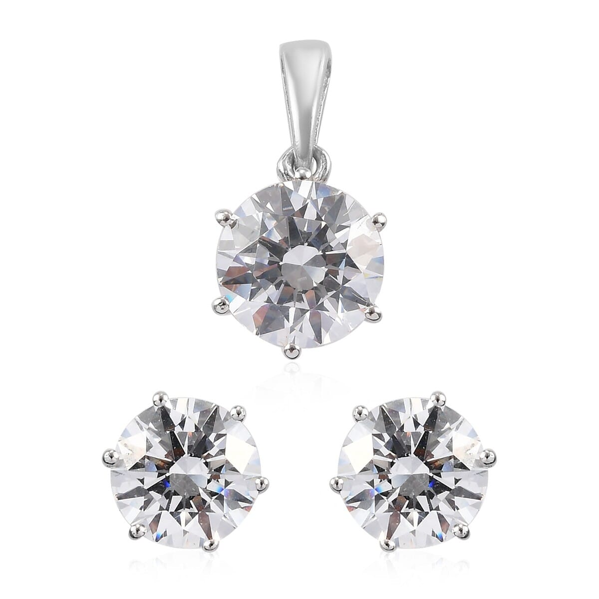 Lustro Stella Made with Finest CZ Solitaire Stud Earrings and Pendant without Chain in Platinum Over Sterling Silver 10.00 ctw image number 0