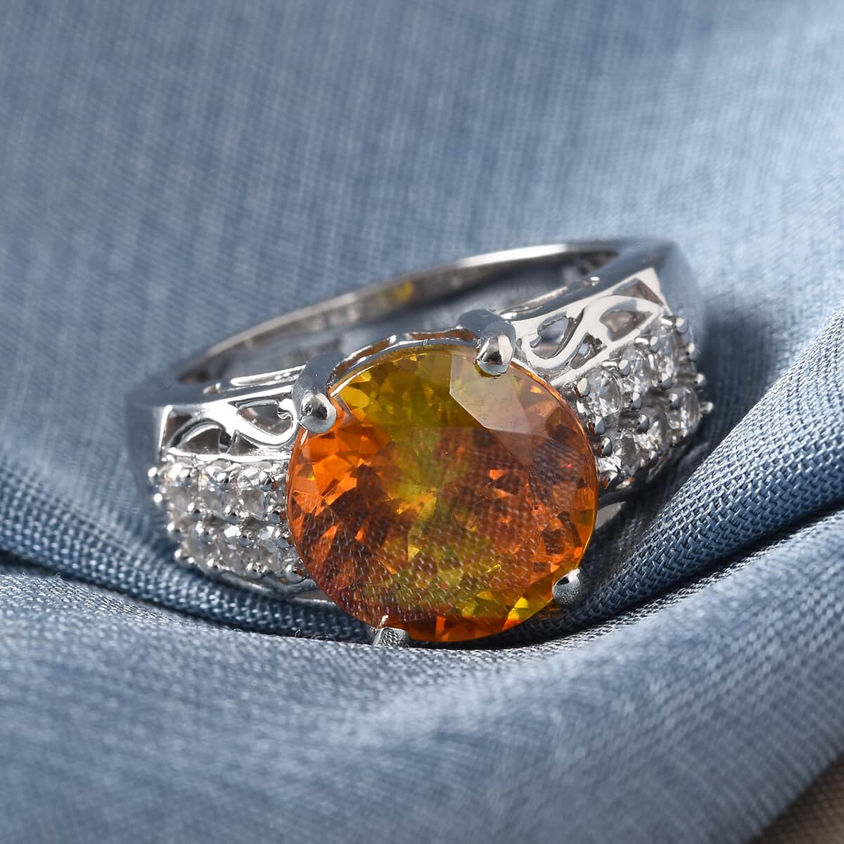 Natural Picos Altos Orange Sphalerite and Natural White Zircon Ring in Platinum Over Sterling Silver (Size 7.0) 7.50 ctw image number 1