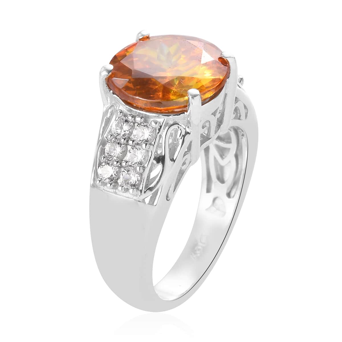 Natural Picos Altos Orange Sphalerite and Natural White Zircon Ring in Platinum Over Sterling Silver (Size 7.0) 7.50 ctw image number 3