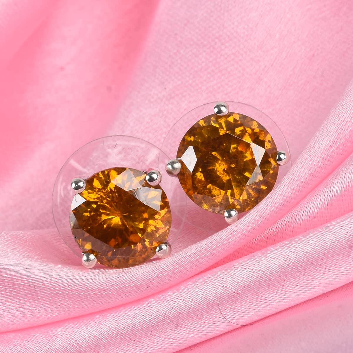 Natural Picos Altos Orange Sphalerite Solitaire Stud Earrings in Platinum Over Sterling Silver 7.50 ctw image number 1