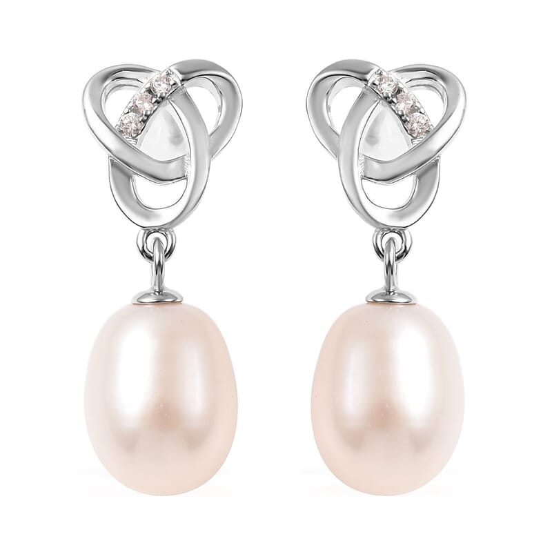 White Freshwater Pearl and Simulated Diamond Drop Earrings in Rhodium Over Sterling Silver