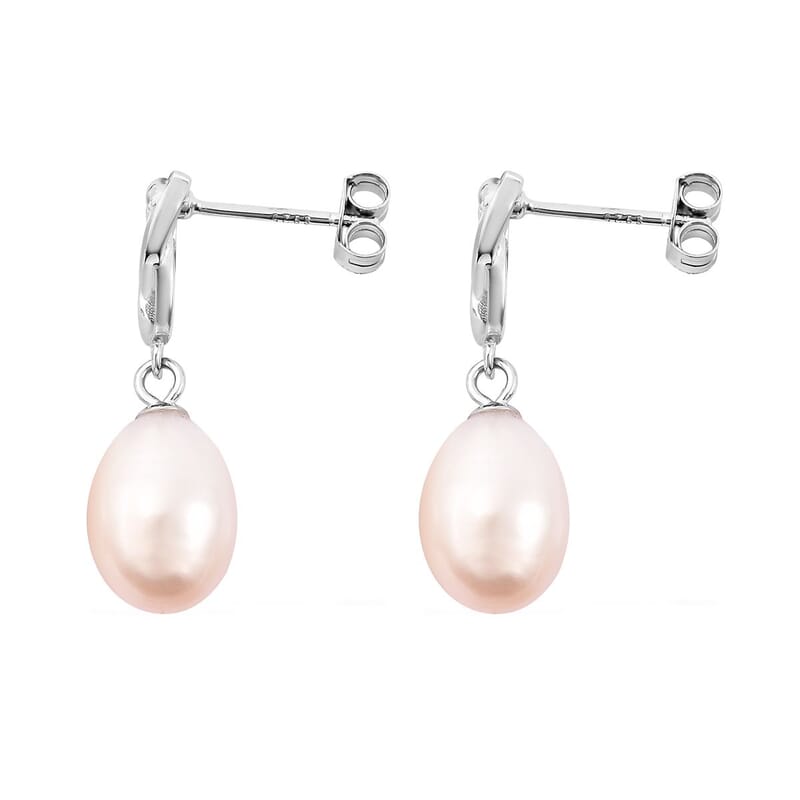 White Freshwater Pearl and Simulated Diamond Drop Earrings in Rhodium Over Sterling Silver