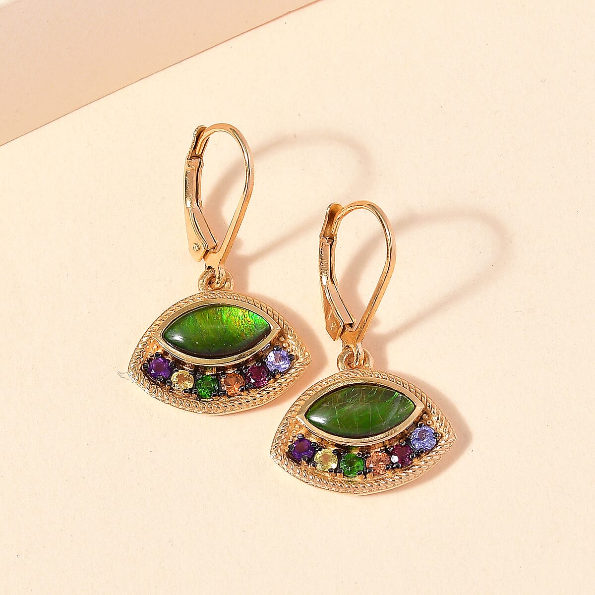 0.60 ctw Canadian Ammolite and Multi Gemstone Dangling Earrings in Vermeil YG Over Sterling Silver image number 1