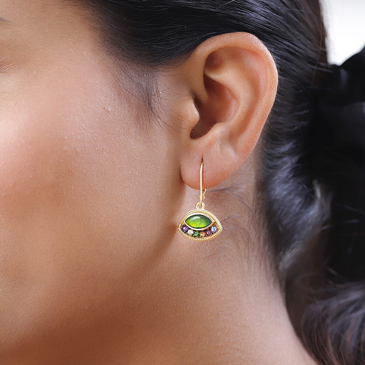 0.60 ctw Canadian Ammolite and Multi Gemstone Dangling Earrings in Vermeil YG Over Sterling Silver image number 2