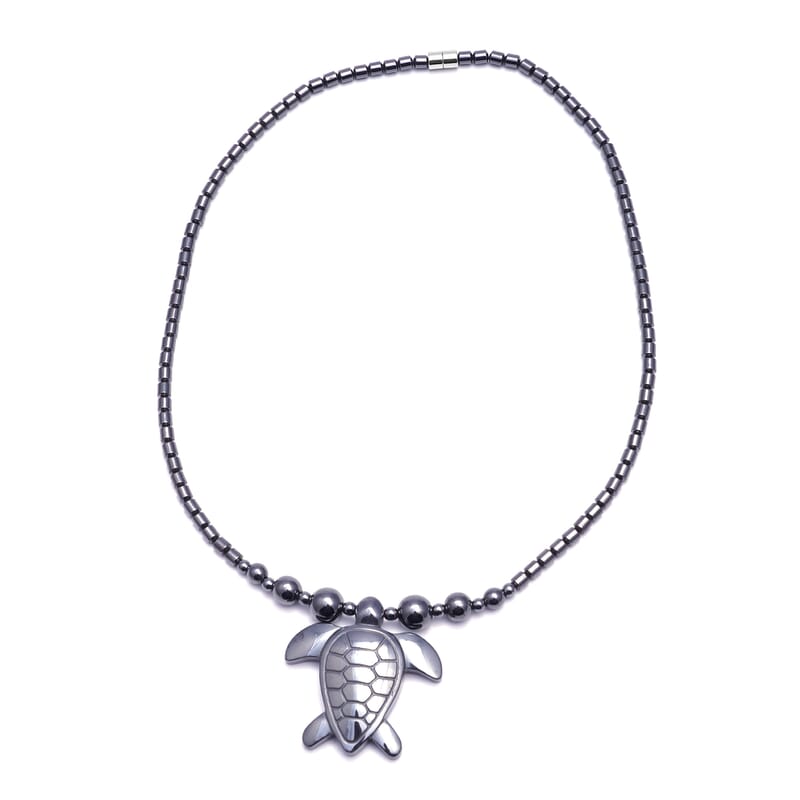 Hematite Beaded Turtle Necklace 20 Inches in Silvertone 286.50 ctw