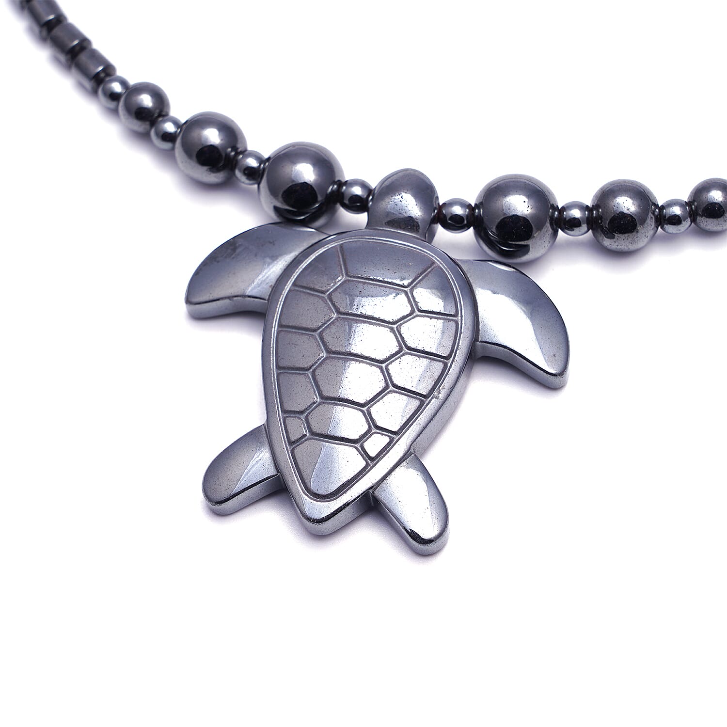 Hematite Beaded Turtle Necklace 20 Inches in Silvertone 286.50 ctw