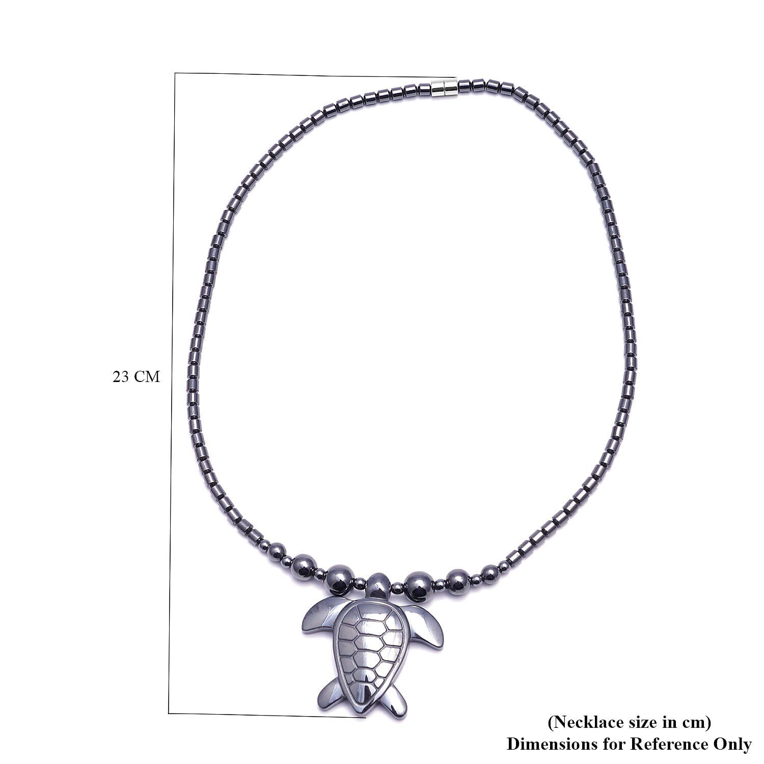 Hematite Beaded Turtle Necklace 20 Inches in Silvertone 286.50 ctw