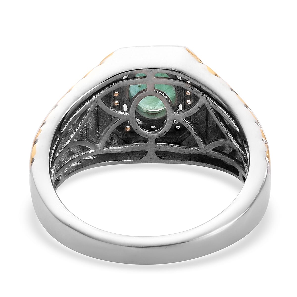 Premium Kagem Zambian Emerald and White Zircon Men's Ring in Vermeil Yellow Gold and Platinum Over Sterling Silver (Size 10.0) 1.35 ctw