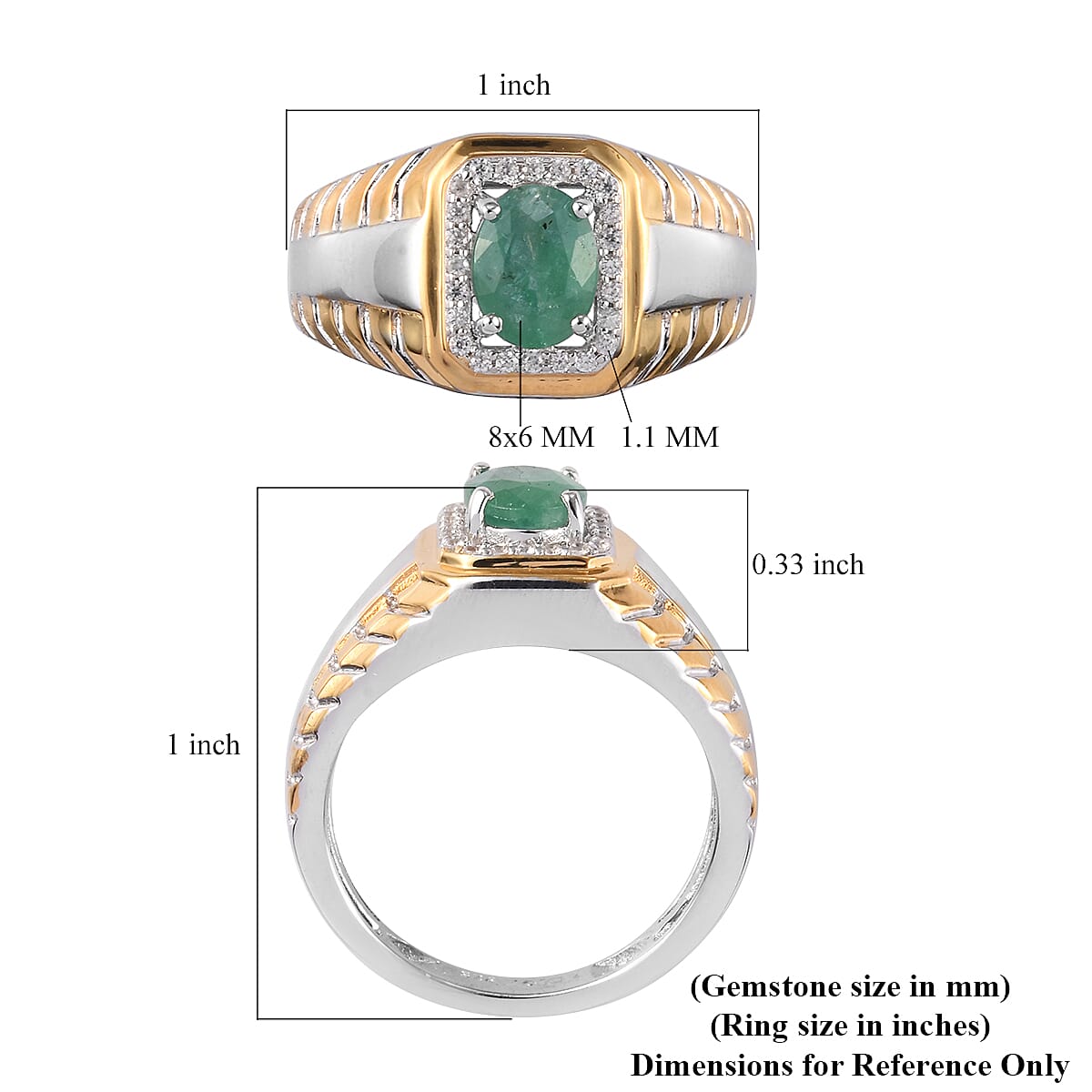 Premium Kagem Zambian Emerald and White Zircon Men's Ring in Vermeil Yellow Gold and Platinum Over Sterling Silver (Size 10.0) 1.35 ctw