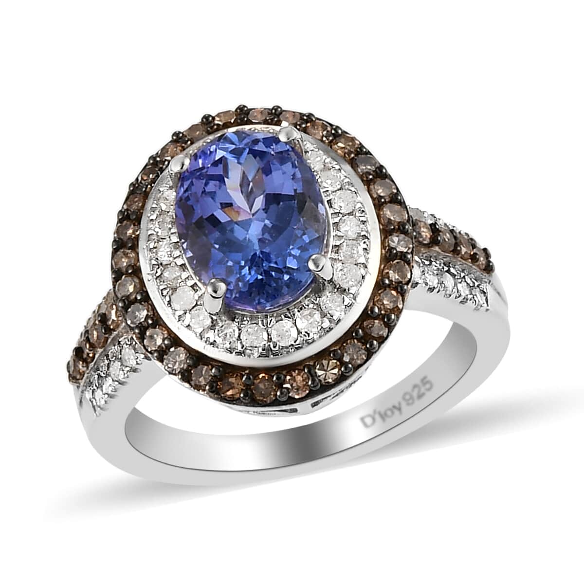 Tanzanite and Natural Champagne and White Diamond Double Halo Ring in Rhodium and Platinum Over Sterling Silver 2.25 ctw image number 0