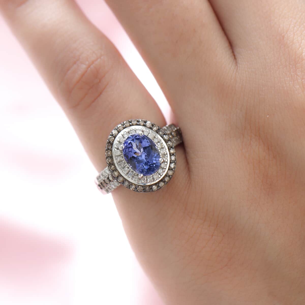 Tanzanite and Natural Champagne and White Diamond Double Halo Ring in Rhodium and Platinum Over Sterling Silver 2.25 ctw image number 1