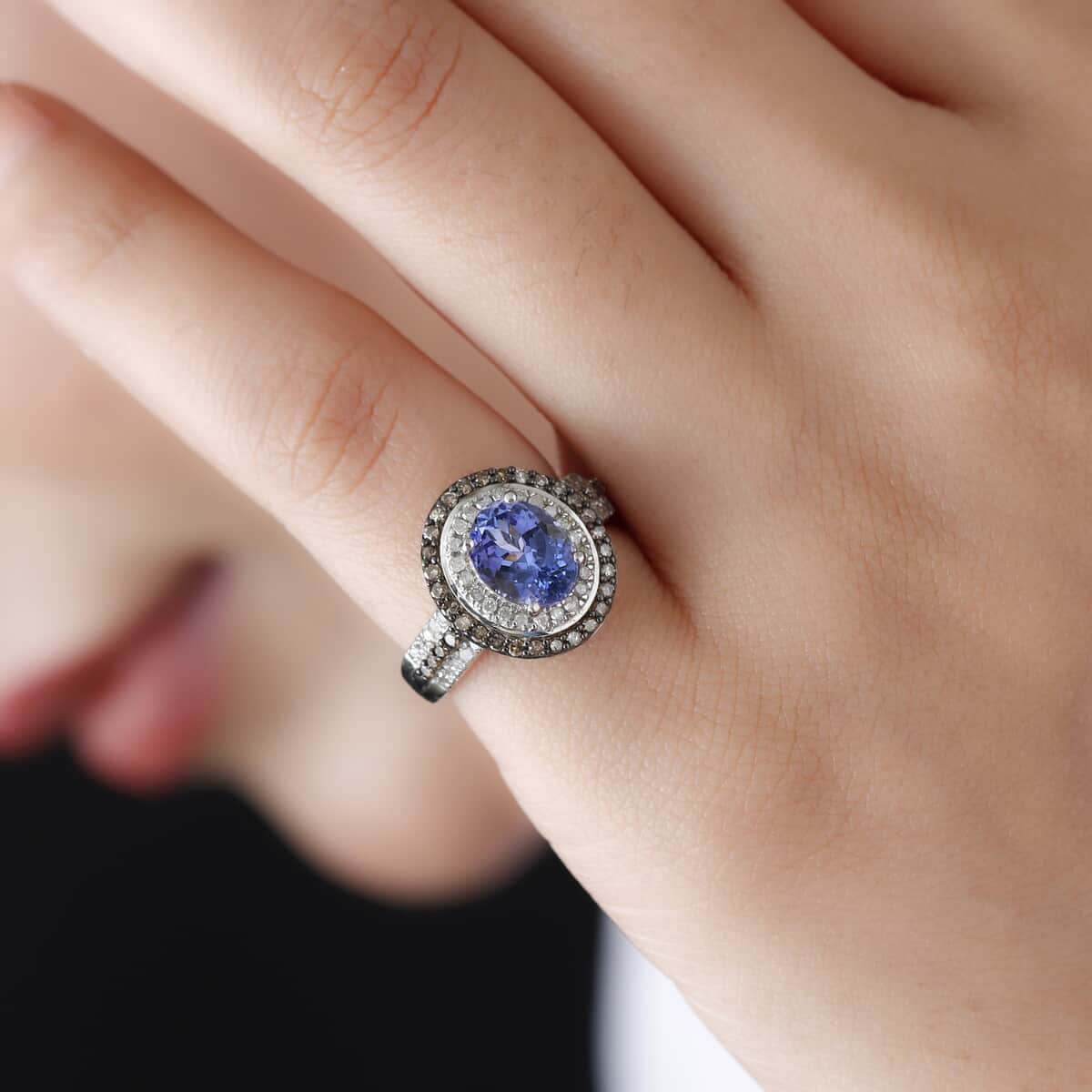 Tanzanite and Natural Champagne and White Diamond Double Halo Ring in Rhodium and Platinum Over Sterling Silver 2.25 ctw image number 2