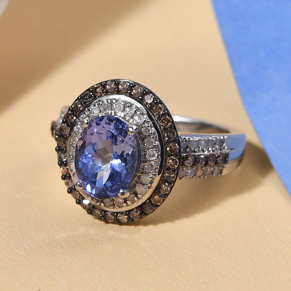 Tanzanite and Natural Champagne and White Diamond Double Halo Ring in Rhodium and Platinum Over Sterling Silver 2.25 ctw image number 3