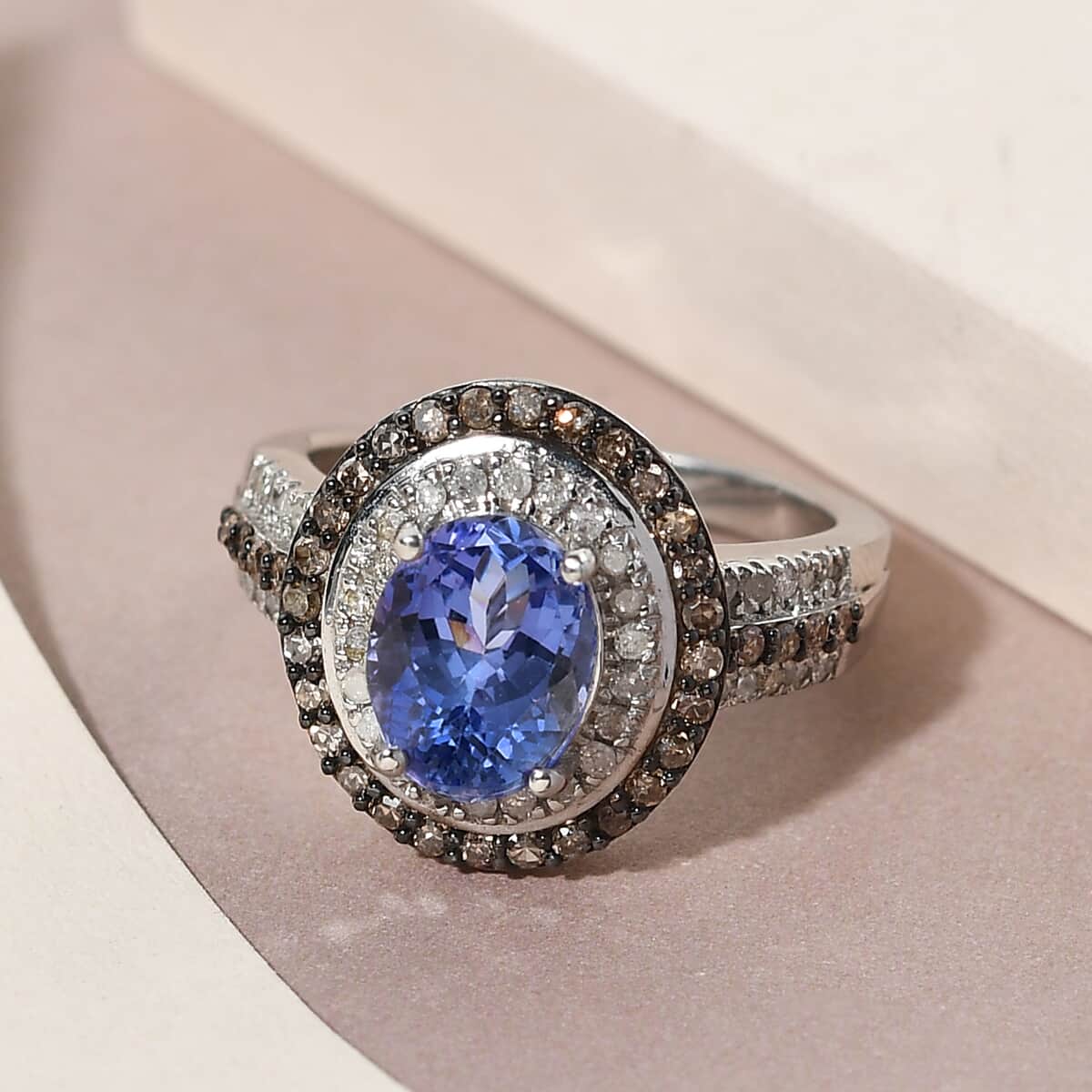 Tanzanite and Natural Champagne and White Diamond Double Halo Ring in Rhodium and Platinum Over Sterling Silver 2.25 ctw image number 4