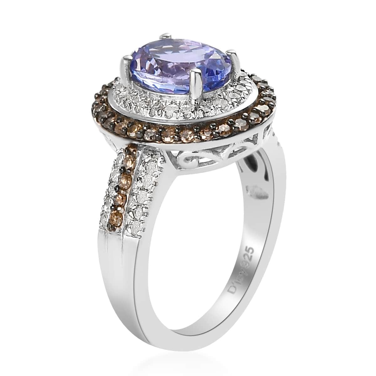 Tanzanite and Natural Champagne and White Diamond Double Halo Ring in Rhodium and Platinum Over Sterling Silver 2.25 ctw image number 5