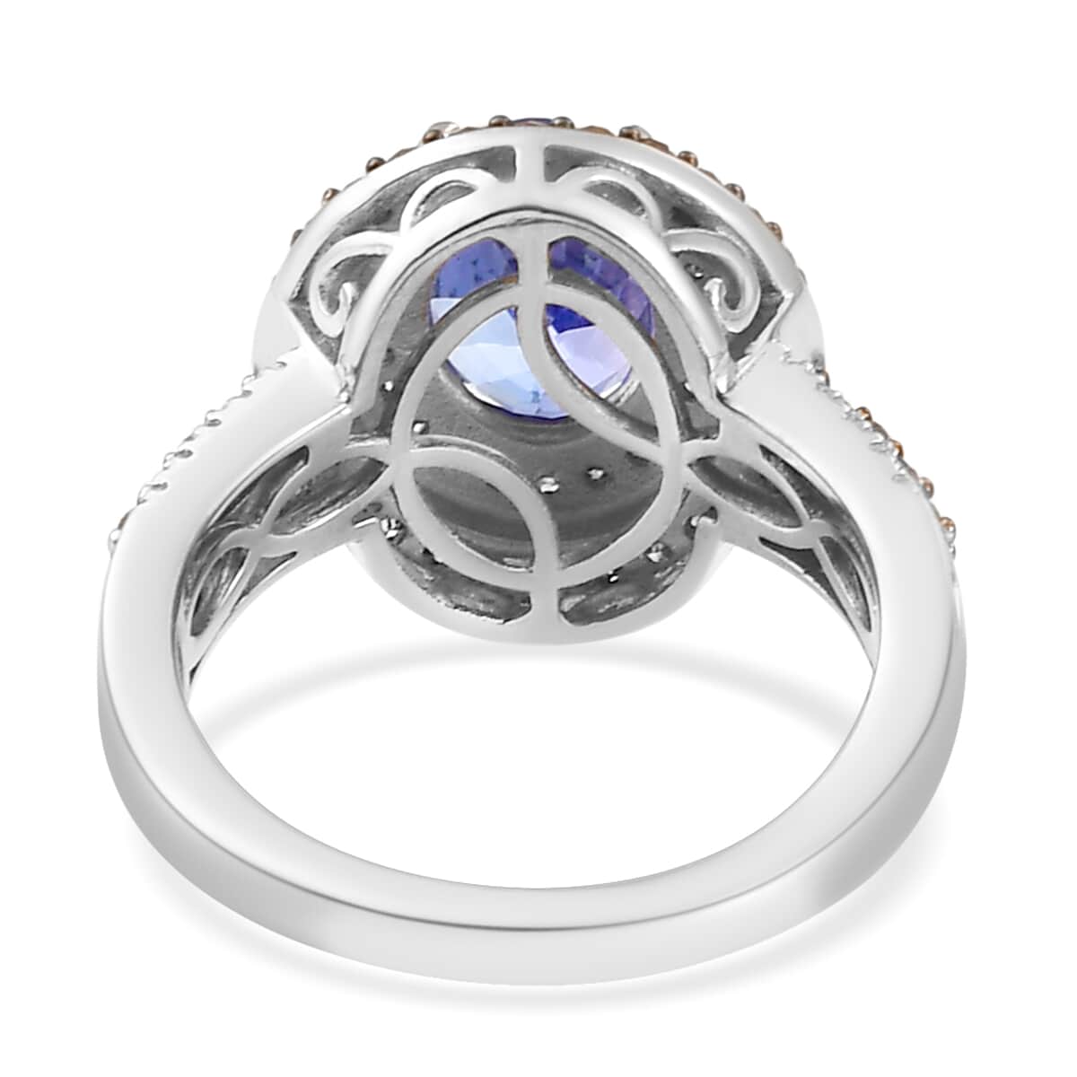 Tanzanite and Natural Champagne and White Diamond Double Halo Ring in Rhodium and Platinum Over Sterling Silver 2.25 ctw image number 6