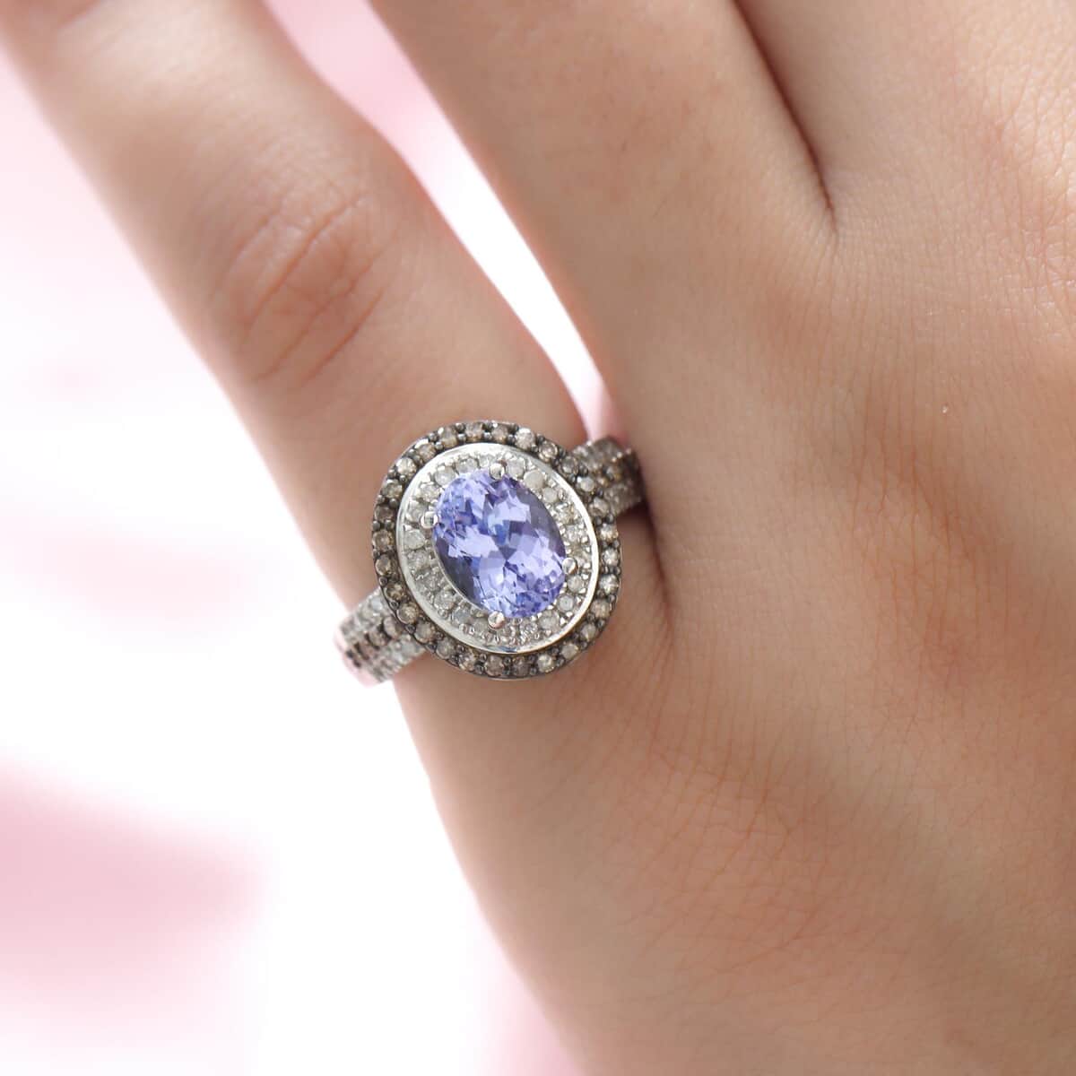 Tanzanite and Natural Champagne and White Diamond Double Halo Ring in Rhodium and Platinum Over Sterling Silver (Size 8.0) 2.25 ctw image number 1