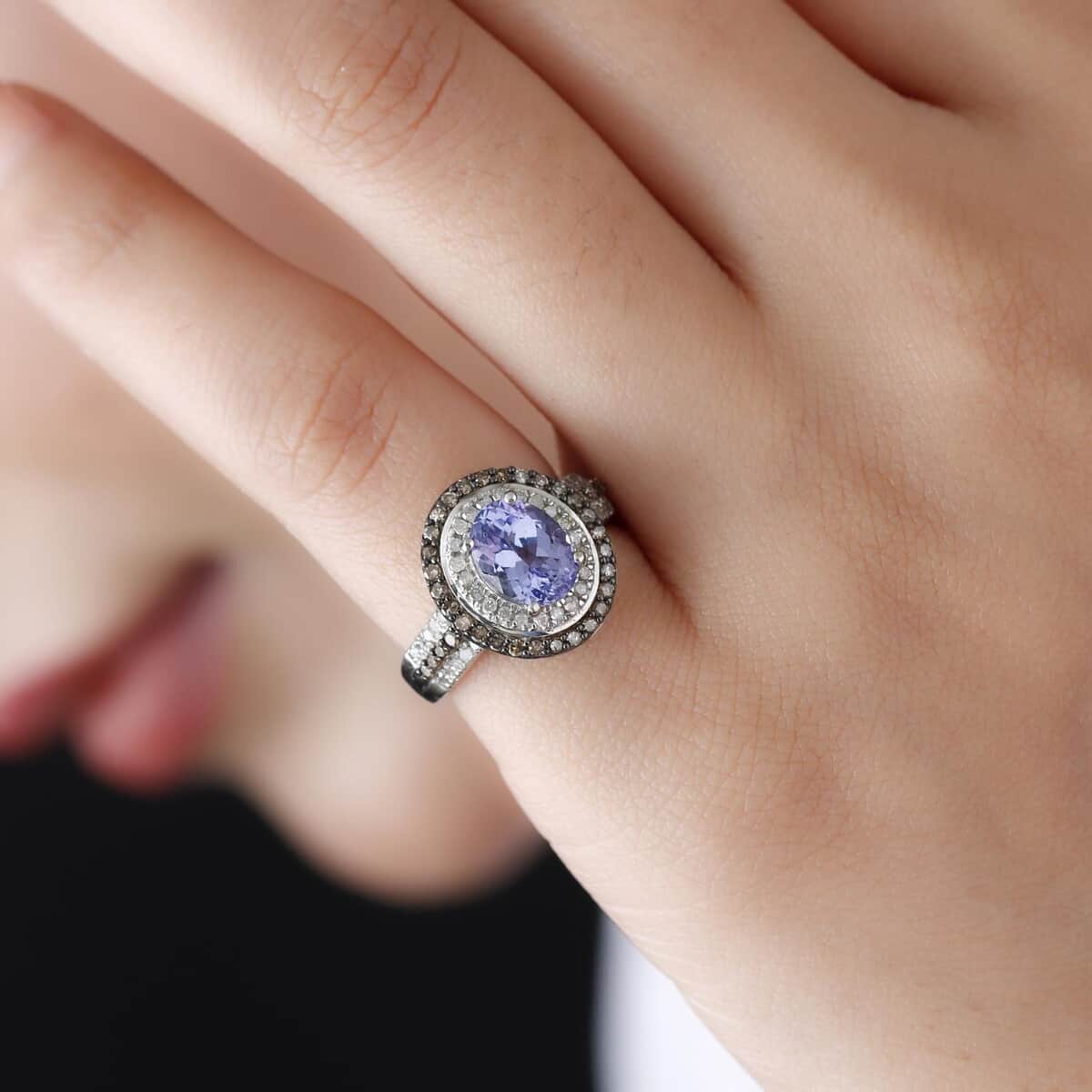 Tanzanite and Natural Champagne and White Diamond Double Halo Ring in Rhodium and Platinum Over Sterling Silver (Size 8.0) 2.25 ctw image number 2